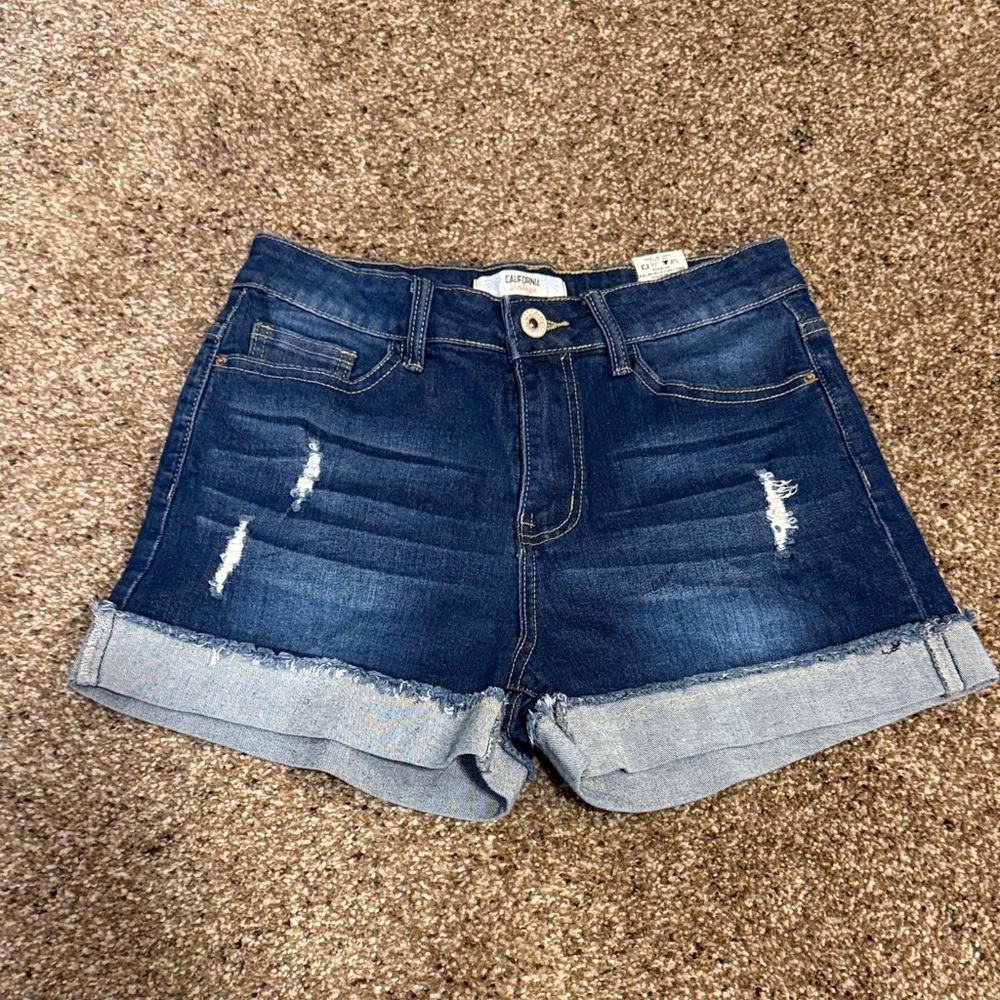 High-Rise Dark Blue Distressed Cuffed Denim Shorts